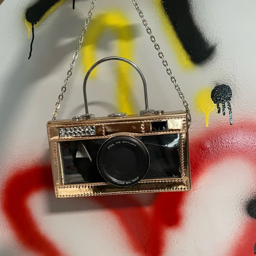 Gold Camera-Shaped Handbag
